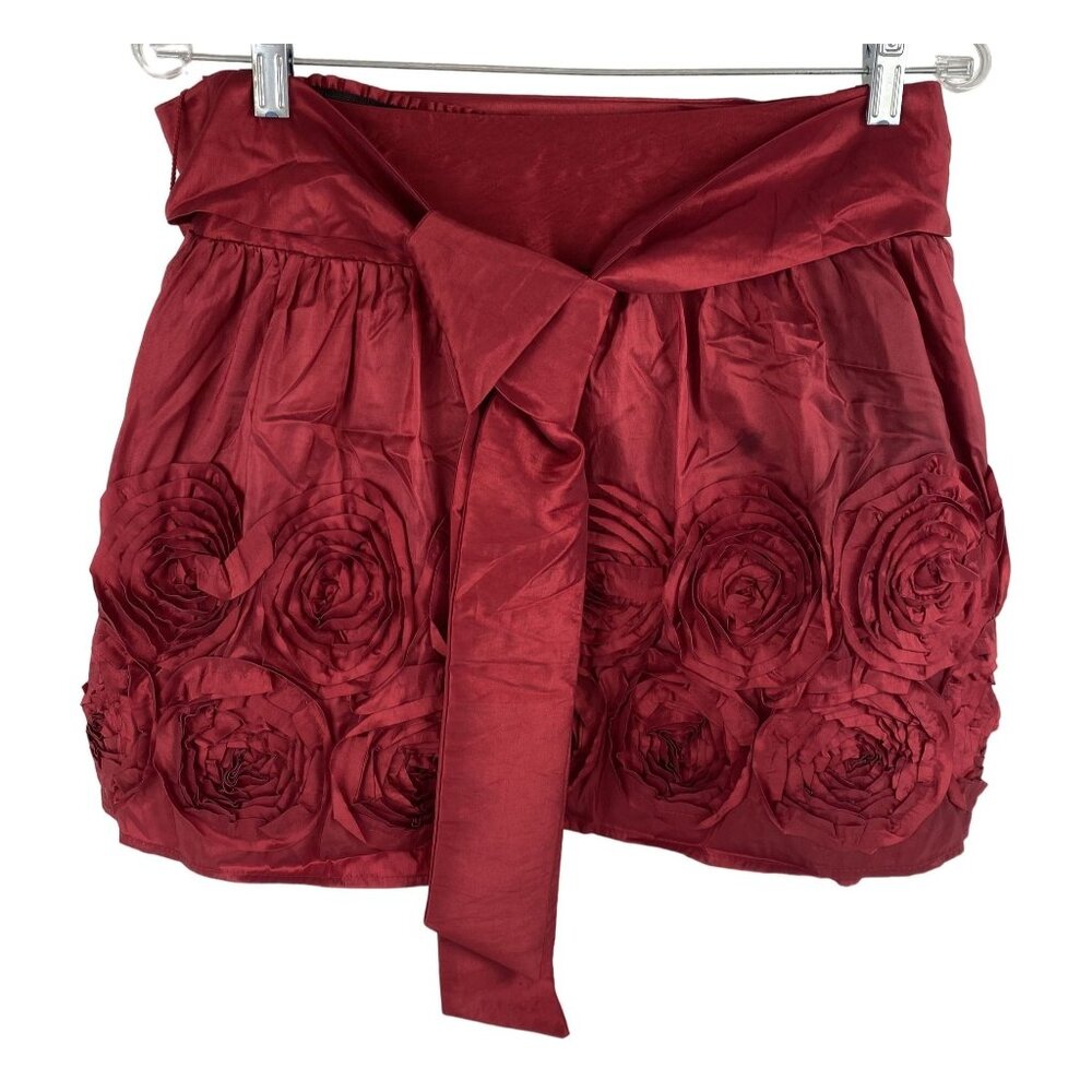 Red Satin Feminine Festive Preppy Fairy Tulle Lined Floral Applique Mini Skirt M - Picture 4 of 14